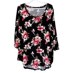 Dex Black & Pink Floral 3/4 Sleeve Tee Size 1X